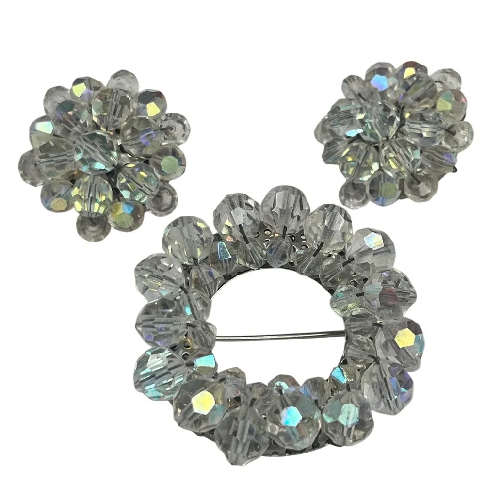 Aurora Borealis Crystal Brooch/Clip Earrings Set 1950s Sparkling Cluster Jewelry